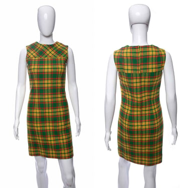 1960's Yellow, Green, and Orange Wool Plaid Day Dress Size S