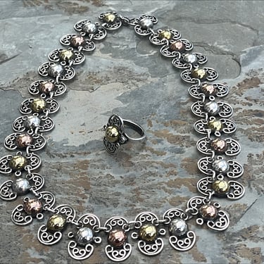 Juana Dominguez ~ Vintage Taxco 980 Silver Half Dome 15 Inch Choker Necklace with Brass and Copper Highlights w/ Ring Set 