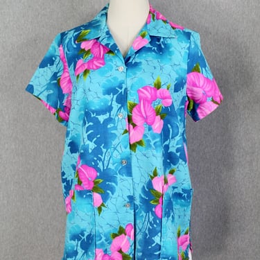 1960s 1970s Barefoot Trader Floral Hawaiian Shirt - Hibiscus Print - Tropical, Tiki - Resort Wear, Summer Vacation 