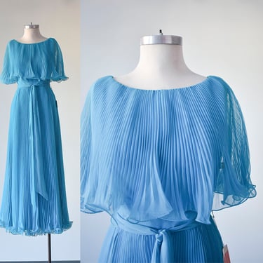 1970s Blue Chiffon Caped Dress / 1970s Prom Dress / 1970s Teal Prom Dress / 1970s Dress with Capelet / Vintage Accordion Maxi Gown NWT 