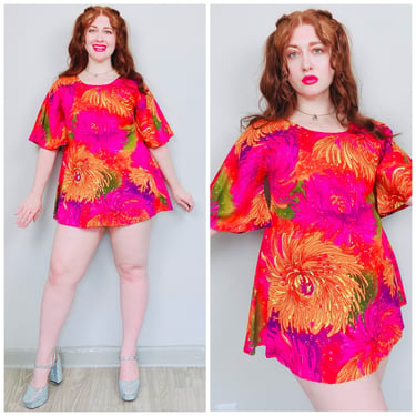 1970s Vintage Two Potato Acrylic Neon Floral Print Dress / Hot Pink and Orange Flower Bell Sleeve Micro Mini / Small - Medium 