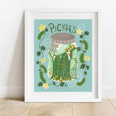Pickles In Jar 8 X 10 Art Print/ Pickled Cucumber Kitchen Wall Art/ Farmers Market Aesthetic/ Quirky Food Illustration 