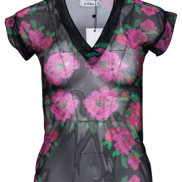 Amir Slama - Black &amp; Multi Color Sheer Mesh Floral Print Shirt Sz L