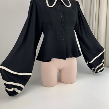 1930's-40's Blouse with Wide Balloon Sleeves - Black Rayon Crepe - an Empire Waist with a Flouncy Peplum 