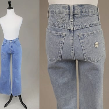 90s Zanadi Jeans - 28" waist mid rise - Quilted Stitched Flowers - Light Blue Cotton Denim - Vintage 1990s - 31.75" inseam 