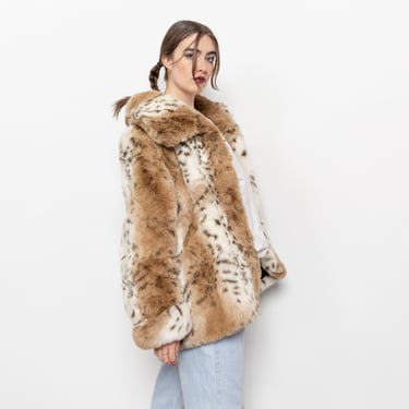 FAUX FUR COAT Vintage Leopard Animal Print Midi Jacket Vegan Pockets Fall Winter 90's Oversize / Large 