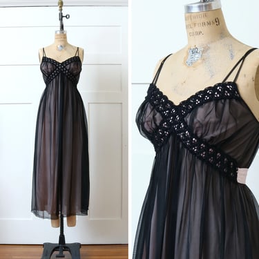vintage 1960s nylon nightgown • sexy sheer black & blush pink layered full length nighty 