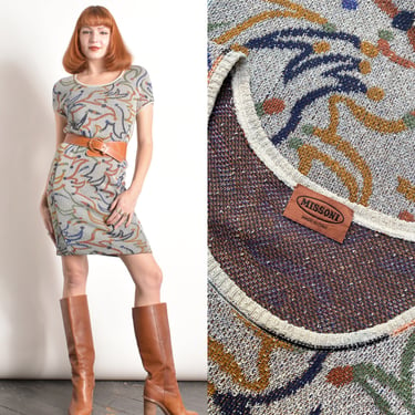 Vintage 1980s Dress / 80s Missoni Abstract Cotton Knit Dress / Gray Orange Blue ( small S ) 