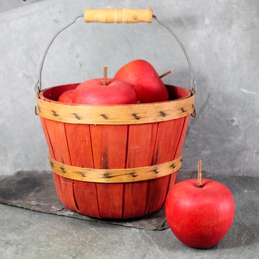 Vintage Red Wood Fruit Basket with Handle | Red Peach Basket | Rustic Farmhouse Storage | Bixley Shop 