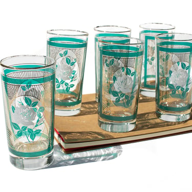 Set of 6 Vintage Glassware Vintage Teal and Gold Highball Barware, Drinking Glasses, Turquoise Rose Atomic Glasses, Vintage Glassware 