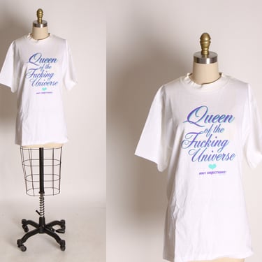 1980s 1990s White Cotton Short Sleeve Novelty Graphic Phrase Queen of the Fucking Universe T Shirt by Studio 4 East -M 