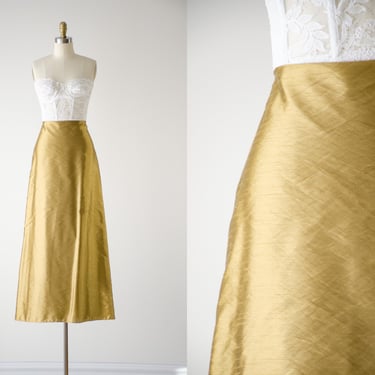 long gold skirt | 90s y2k vintage shiny metallic gold silk style floor length maxi skirt 