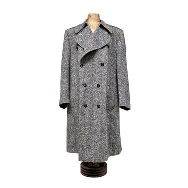 Vintage 1950s 1960s Mens Wool Overcoat, Classic Mid-Century Black/White Tweed Top Coat, Big & Tall XL 48