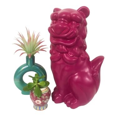 13” Vintage Hot Pink Porcelain Foo Dog Statue | Guardian Shishi Lion Figurine | Modern Chinoiserie Decor 