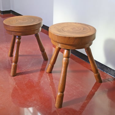 Pair of Vintage Sculpted Solid Wood Primitive Stools Steps Side End Tables Modernist Brutalist Wooden Retro Accent Rustic Mid Century Modern 