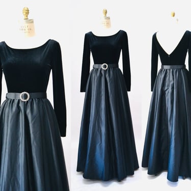 90s Vintage Black Evening Ball Gown Small Black Velvet and Satin Long Sleeve Dress with Rhinestone Belt Black Evening Gown Dress 