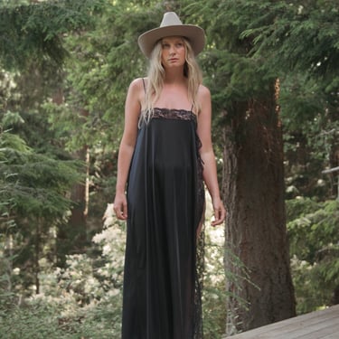 70's Sheer High Slit Black Lace Lingerie Slip Dress | Honeymoon Vintage Nightgown | See Through Black Lace Maxi Dress | Boho Peignoir 