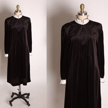 1970s Black Velvet Long Sleeve White Ruffle Collar and Cuff Wednesday Addams Style Dress by Leslie Fay -L 