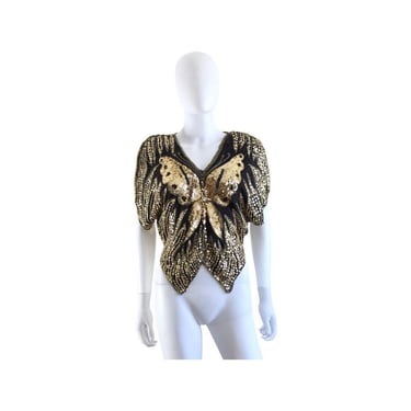 1980s Black Silk & Gold Sequin Butterfly Blouse - 1980s Gold Sequin Top - Vintage Gold Sequin Blouse - 1980s Butterfly Blouse | Size Small 