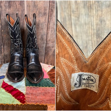 SMOKING MIRRORS JUSTIN Vintage 70s/80's Western Black Leather Boots | Cowboy Boho Southwestern | Size 9 M 