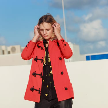 60s Bright Red Black Adorned Fitted Jacket Vintage Structured Peter Pan Collar Blazer 