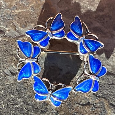 Volmer Bahner ~ Vintage Denmark Sterling and Blue Enamel Small Circle Wreath of Butterflies Brooch / Pin 