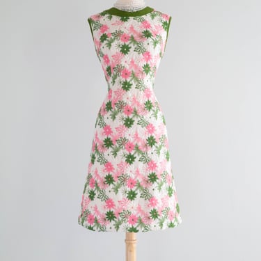Fabulous  1960's Embroidered Cotton Shift Dress in Pink &amp; Green / M