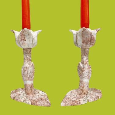 Vintage Candlestick Holders Retro 1980s Contemporary + Marble + Stone + Pink and White + Tulip Flower + Leaf Design + Set of 2 + Home Decor 