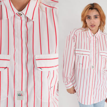 Striped Button Up Shirt 90s White Red Cotton Blend Collared Shirt Lifeguard Top Long Sleeve Boyfriend Shirt Vintage 1990s Large L 