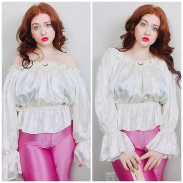 1980s Anna Konya Cream Jacquard Romantic Blouse / 80s / Silk Ruffled Puffed Sleeve Off Shoulder Peasant Top / One Size 