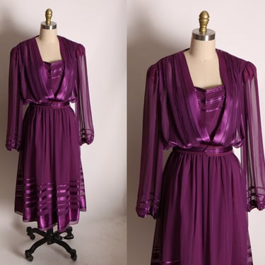 1970s Royal Purple Sheer Striped Long Sleeve Belted Dress by Jackie Taub for Connections -L 