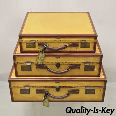 Vintage Hartman Skymate Tan Hard Case Leather Suitcase Luggage - 3 Pc Set