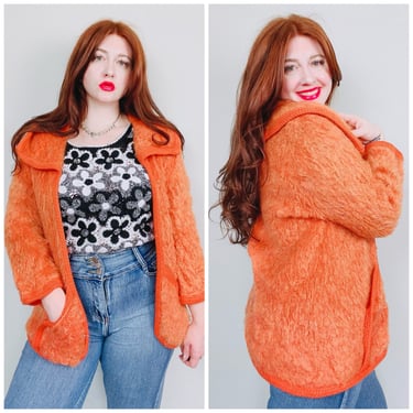 1960s Vintage Solt of California Orange Mohair Sweater / 60s / Sixties Fuzzy Shag Caridgan Coat / Medium 