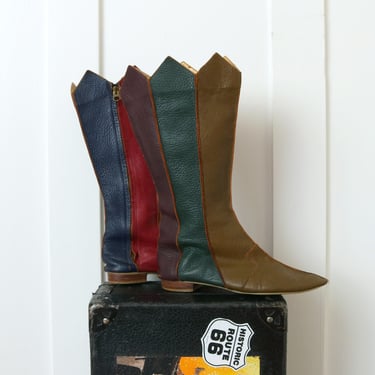 rare vintage 1960s mod tall pixie boots • color block leather pointed toe go-go boots in red, green, purple, orange, mocha brown 