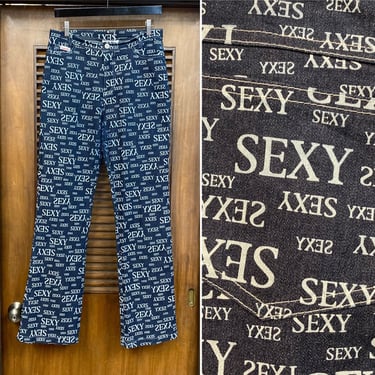 Vintage 1990’s “Sexy” Pop Art All Over Print Cotton Blend Jeans, w31, 90’s Boot Cut, Vintage Clothing 