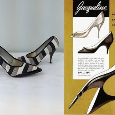 Fabulously Styled - Vintage 1950s 1960s Black Ivory Beige Synthetic Straw Fabric Pumps Heels Shoes - 7 