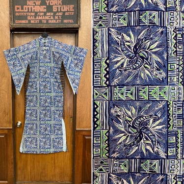 Vintage 1950’s Tapa Tiki Tropical Cotton Pake Muu Hawaiian Batwing Rockabilly Dress, Vintage Pake Muu, Hawaiian Dress, Tiki, Batwing Sleeve 