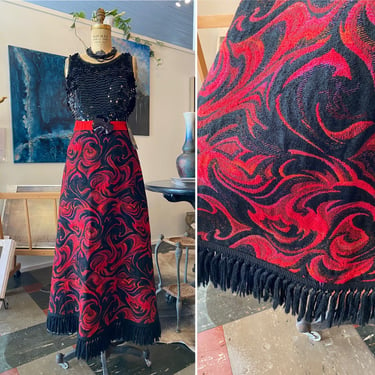 1960s maxi skirt, tapestry skirt, vintage 60s skirt, size small, black and red, wool skirt, fringe trim, high waist, a-line, hippie style 