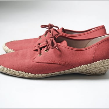 vtg 1980s Outdoorables red canvas wedge espadrille wedge heel sneaker shoes | retro 1980s | summer beach spring womens 