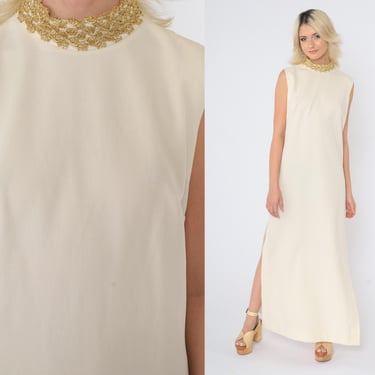 Vintage 60s Cream Evening Gown Gold Collar Dress Mod Mock Neck Sleeveless Maxi Dress Side Slits Formal Party 1960s Retro Small Medium 