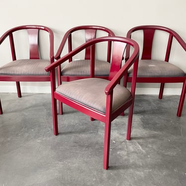 Set of 4 vintage red lacquer dining chairs as-is