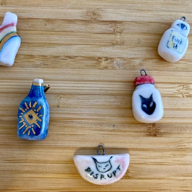 Handmade Clay Cat Charms | Hand-painted Porcelain Pendants for Necklace | Limited Edition Ceramic Cat Charms | Gold Luster Jewelry 