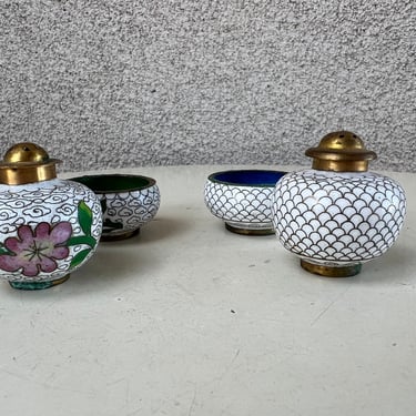 Vintage petite Chinese salt cup and pepper shakers set 2 white cloisonné metal 