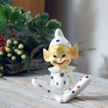 Vintage polka dot elf figurine / spotted Japanese ceramic elf statue / hand painted vintage pixie / Christmas elf  / Christmas pixie 