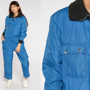 Hooded Ski Suit 70s 80s Blue Insulated Jumpsuit One Piece Snowsuit Puffy Retro Coveralls Hood Winter Sports Vintage Raven Wear Medium M 