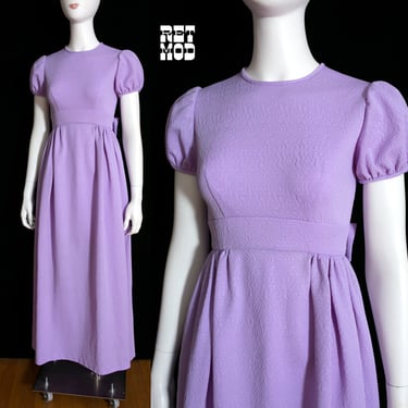 Adorable Vintage 60s 70s Pastel Purple Puff Sleeves Babydoll Maxi Dress with Bow 