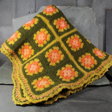 Vintage Hand Crocheted Afghan | MCM Harvest Granny Square Afghan | Avocado Green | Very Brady Afghan 48