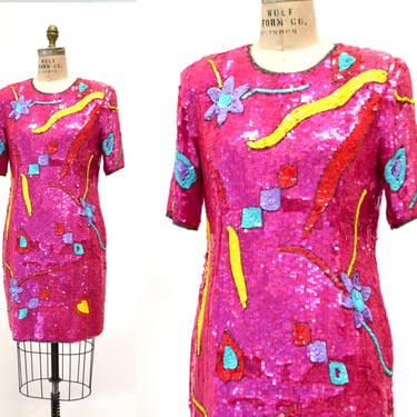 80s 90s Vintage Pink Sequin Dress Medium Pop Art Metallic Dress Pink party Sequin Dress// Vintage 90s Party Dress Sequin Dress Medium Large 