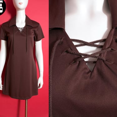 Sexy Vintage 70s Dark Brown Collared Lace Up Dress by Empress 