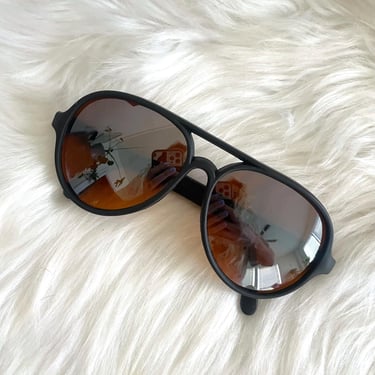 Vintage 80s Matte Black Reflective Amber Lense Aviator Sunglasses 